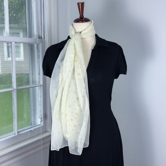 White Chiffon Sheer Scarf With Gold Sparkly Stars Boho Angel Glitter - Picture 1 of 8